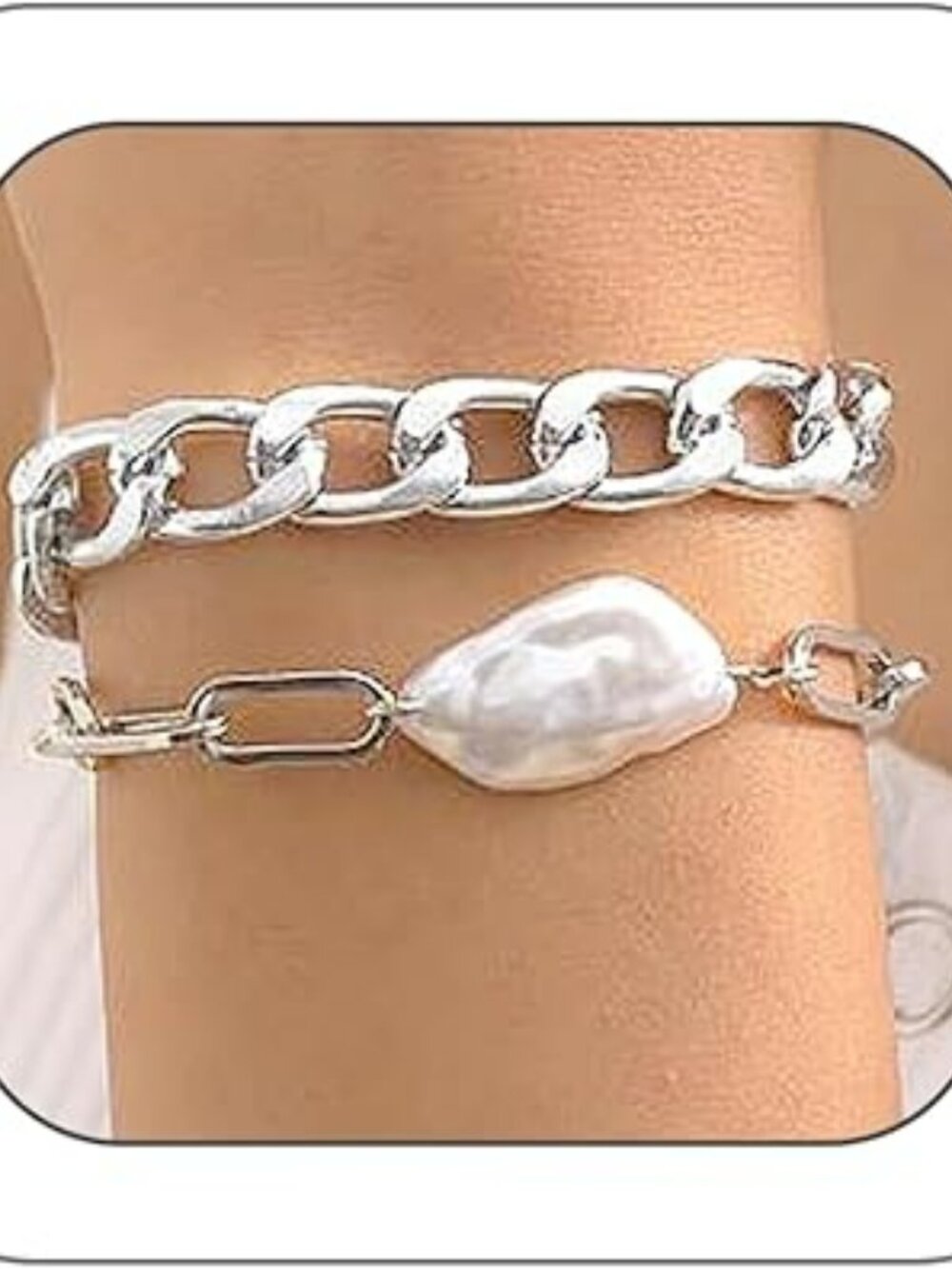 NEW Baroque Pearl Chain Bracelet Set Chunky Adjustable Silver Paperclip Link